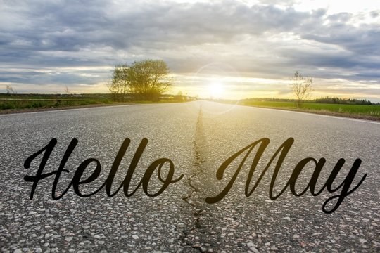 Banner hello may. Text on the photo hello May. Welcome card
