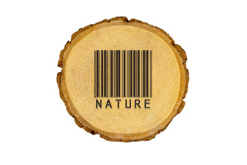 Wooden stumps, text word nature, bar code, white background isolated