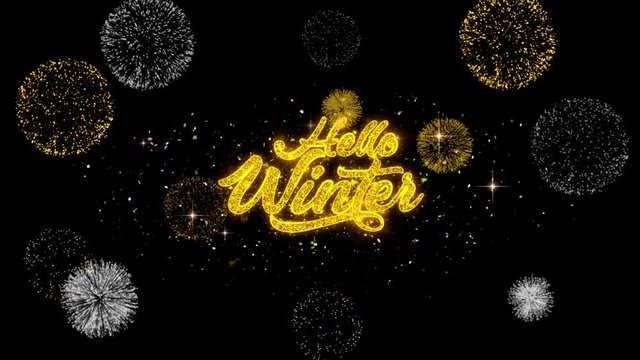 Hello Winter Golden Greeting Text Appearance Blinking Particles with Golden Fireworks Display 4K for Greeting card, Celebration, Invitation, calendar, Gift, Events, Message, Holiday, Wishes .