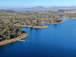 Aerial view of Miramar reservoir in the Scripps Miramar Ranch community, San Diego, California....