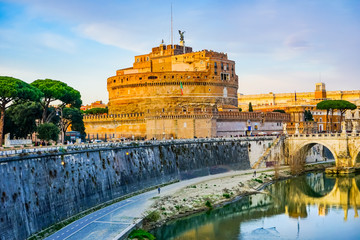 Castel Ponte Saint Angelo Tiber River Reflection Evening Rome Italy