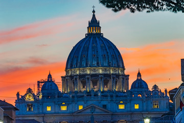 Orange Sunset Street Lights Saint Peter's Basilica Vatican Rome Italy