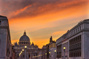 Orange Sunset Street Lights Saint Peter's Basilica Vatican Rome Italy