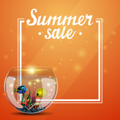 Summer sale, orange template for your arts with frame, place for text and round aquarium with fish