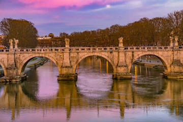 Moon Sunset Ponte Saint Angelo Tiber River Reflection Rome Italy