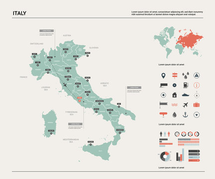 Vector map of Italy. High detailed country map with division, cities and capital Rome. Political map,  world map, infographic elements.