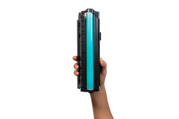 Used laser toner cartridge holding by hand of worker or user for replace, refill  with white...