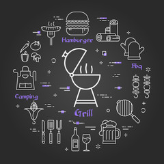 Vector black linear banner of picnic grill