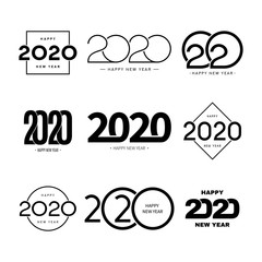 Set of 2020 happy new year signs. Collection of 2020 happy new year symbols. Vector illustration with black holiday labels isolated on white background. - obrazy, fototapety, plakaty