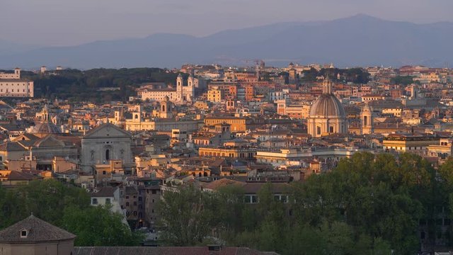 Late afternoon panorama with Trinit&agrave; dei Monti from the Gianicolo Terrace in Rome, Italy.