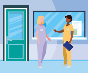 interracial female medicine workers in hospital reception