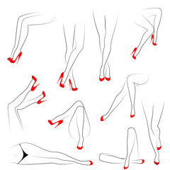 Collection. A picture with silhouettes of slender beautiful female legs in red high-heeled shoes. Different postures of legs when the girl is standing, lies, lying. Vector illustration set