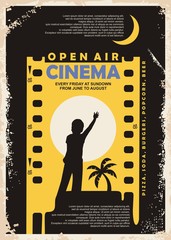Open air cinema vintage poster vector design. Outdoor cinema retro flyer with film strip and child silhouette reaching the moon in negative space. Movie industry graphic illustration.