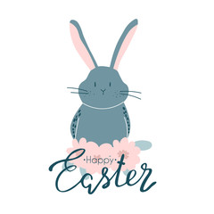 Friendly smiling Easter Bunny with a basket of colorfully painted eggs walking among flowers on green grass on sunny spring day, vector illustration in a cartoon style