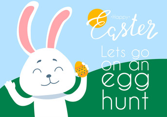 Set of cute tickets for Easter Egg Hunt with colored eggs and cute bunny in fields. Vector template for invitations and greeting cards design with cartoon spring scene. Isolated from the background.