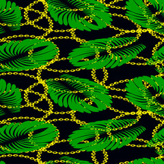 golden chains with green tropical leaves on a black color