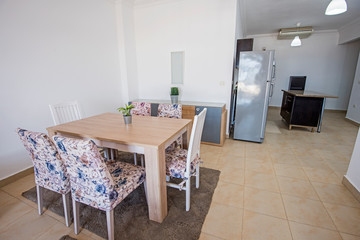 Interior design of luxury apartment open plan dining area