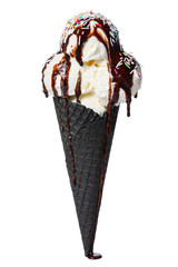 black cone, wafer cup with scoops of ice cream poured chocolate glaze and decorated multicolor sprinkles is isolated on white background