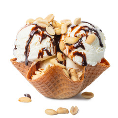 scoops vanilla ice cream decorated chocolate topping and nuts in waffle cone bowl isolated on white...
