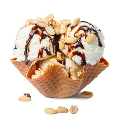 scoops vanilla ice cream decorated chocolate topping and nuts in waffle cone bowl isolated on white background