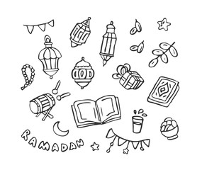 Ramadan Kareem hand drawn Sketch Icons. Islamic symbols: lanterns, Quran, mosque, drum, water for Iftar, moon, date fruits, garland, beads. 