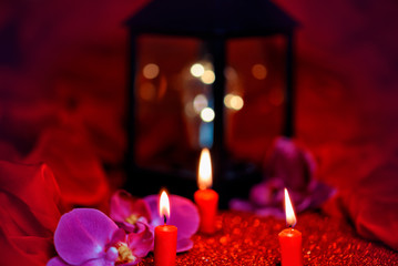 Magic lights and flowers on a red background