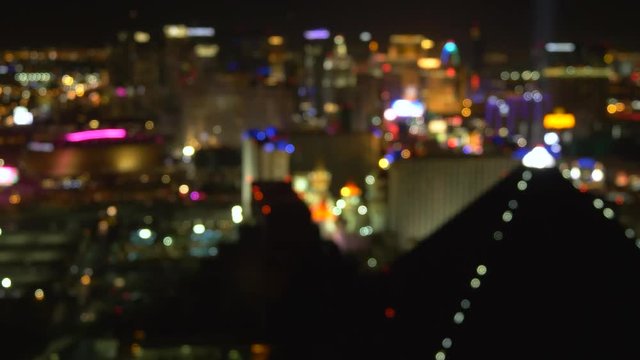 Night View Of Las Vegas From The Hotel Window. Out Of Focus Vegas Strip Casino Lights Wide View. Las Vegas Strip At Night. Las Vegas Strip Blurred Background.