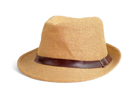 Vintage Straw hat fasion with brown ribbon for man isolated on white background. This has clipping path