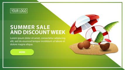 Summer sale and discount week, discount web banner template for your website in a modern style with coconut cocktail, beach umbrella and lifeline
