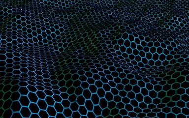 Honeycomb blue wave effect on a dark background. Perspective view on polygon look like honeycomb. Isometric geometry. 3D illustration