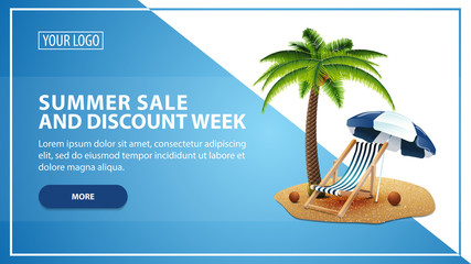 Summer sale and discount week, discount web banner template for your website in a modern style with palm tree, beach chair and beach umbrella