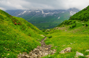 Alpine peaks of Grindelwald and Jungfrau. Landskape background of Bernese highland. Alps, tourism, journey, hiking concept.