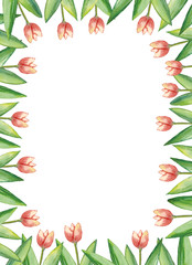 Fototapeta na wymiar Watercolor leaves, hand drawn frame of green leaves and tulips, floral illustration on white background