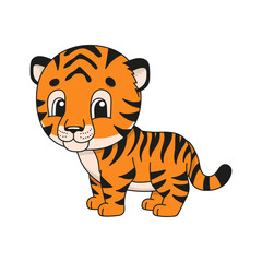 Tiger. Cute flat vector illustration in childish cartoon style. Funny character. Isolated on white background.