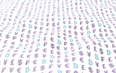 Bitcoin and currency on a white background. Digital crypto currency symbol. Wave effect, currency market fluctuations. Business concept. 3D illustration