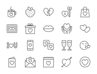 Set of Love and Valentines Day Line Icons. Hearts, Gift, Message, Kiss and more.