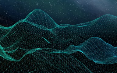 Abstract landscape on a dark background. Cyberspace grid. hi tech network. Outer space. Starry outer space texture. 3D illustration