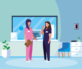female medicine workers in hospital reception