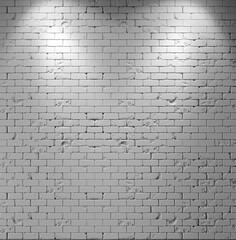Gray brick wall with spot lights from above. Can be used as background, 3D illustration.
