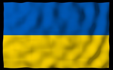 The flag of Ukraine on a dark background. National flag and state ensign. Blue and yellow bicolour. 3D illustration waving flag