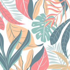Fototapeta na wymiar Pastel background with colorful tropical leaves. Vector design.