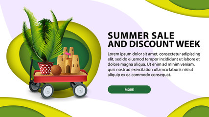 Summer sale the week of discounts, today's web banner in paper cut style with garden cart with sand, sand castle and potted palm © DDevicee