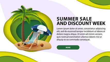 Summer sale the week of discounts, today's web banner in paper cut style with palm tree, beach chair and beach umbrella