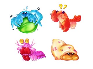 Illustration of Crustaceans easy for use. In set include Coconut Crab, Peacock Mantis Shrimp, Crayfish and Hermit Crab