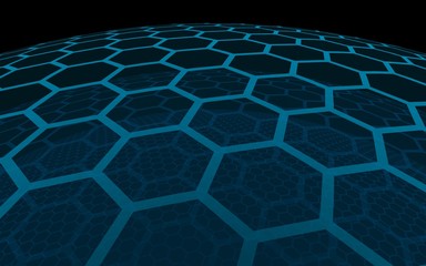 Multilayer sphere of honeycombs, gray turquoise on a dark background, social network, computer network, technology, global network. 3D illustration