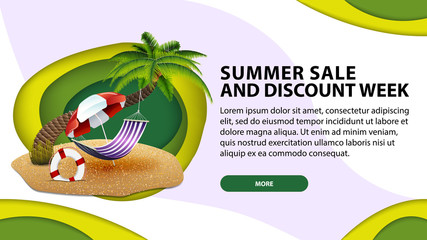 Summer sale the week of discounts, today's web banner in paper cut style with palm tree, hammock and beach umbrella
