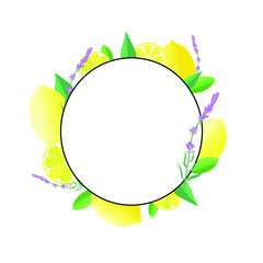 Vector illustration. Round frame with lemons, lemon slices, green leaves and lavender. White background. 