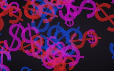 Multicolored translucent dollar signs on dark background. Red tones. 3D illustration