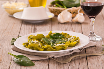 Spinach ravioli with ricotta cheese filling.