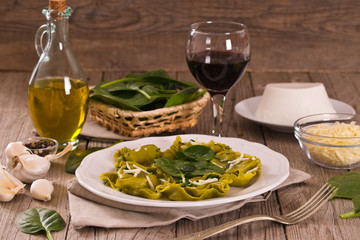 Spinach ravioli with ricotta cheese filling.